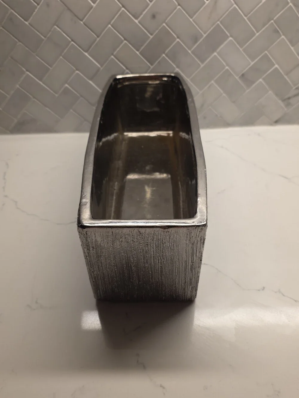 Modern Metallic Silver Ceramic Trough Planter – Textured Rectangular Centerpiece